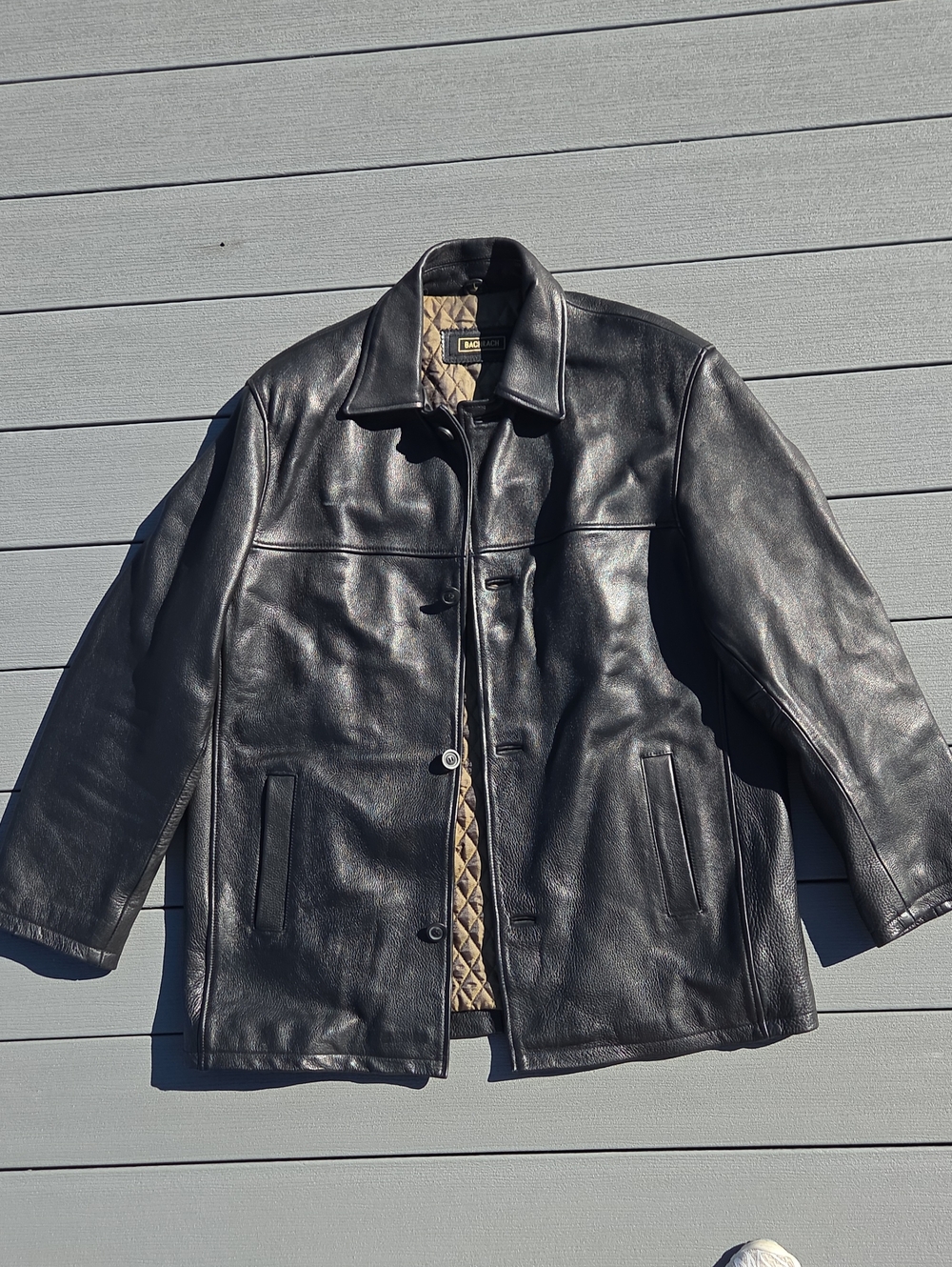 Bachrach Black Leather Pea Coat with Quilted Lining